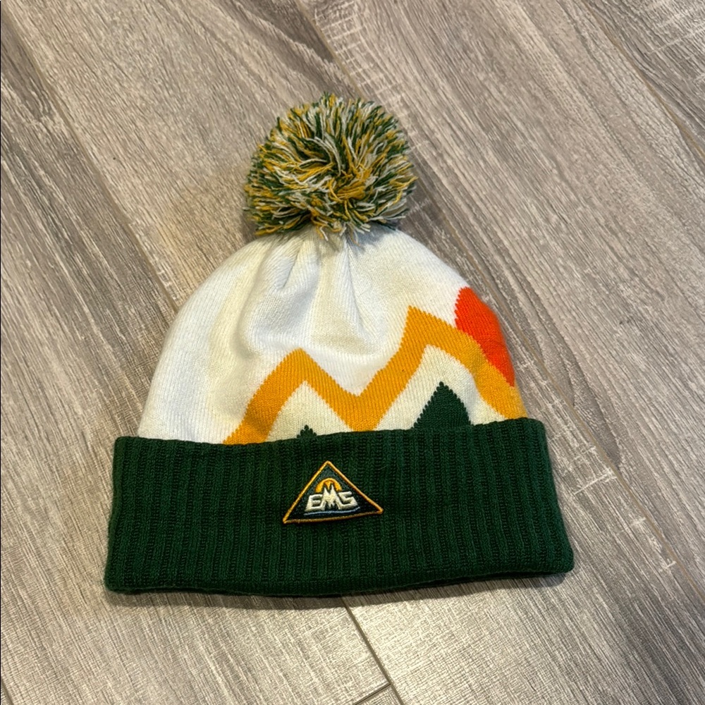 EMS Pom Beanie Sunset- Green White Yellow Red-‎ Fold Over- Knit